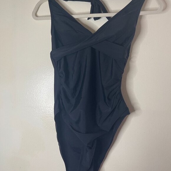 Black Halter One-Piece Swimsuit with Rushed Front & Tie Neck by Smismivo, S NWT. - Picture 2 of 6